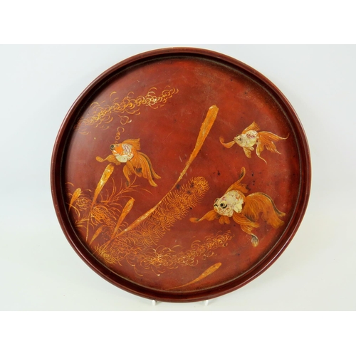 840 - Laquered Papier Mache Circular Tray depicting Japanese Ornamental fish.  Measures 13 Inches in Diame... 