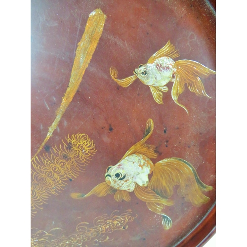 840 - Laquered Papier Mache Circular Tray depicting Japanese Ornamental fish.  Measures 13 Inches in Diame... 