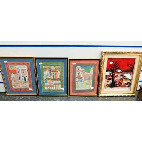 845 - Trio Indian prints Murishibad school,  framed and mounted under glass plus a pleasing framed paintin... 