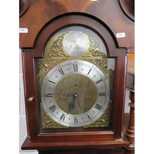 986 - Comitti mid sized long cased clock which measures 70 inches tall. Brass face with subsidary dial. Br... 