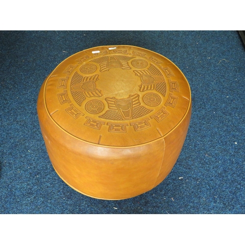 988 - Good Quality brown leather footstool/Pouffe with tooled decoration to top. 12 inches tall. See photo... 