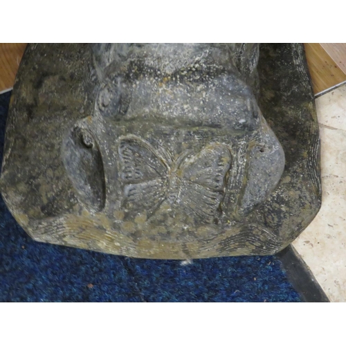 991 - Old Weathered stone Bird bath/Sundial. Raised on fluted column with butterfly to base.  H:28 inches ... 