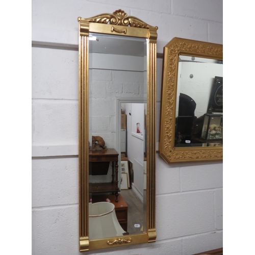 1050 - Long Bevelled glass mirror with Gilt Columnised sides and ornate top  39 x 14 inches plus one other ... 