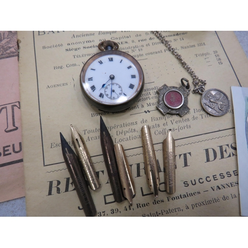 575A - Collectables lot to include a running enamel faced pocket watch, sterling silver, bank notes, and ep... 