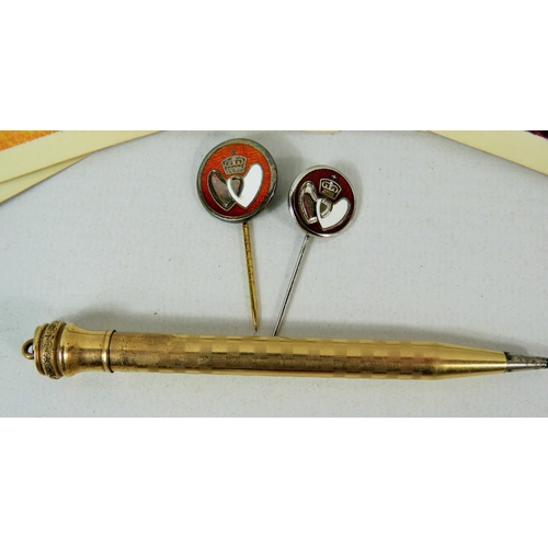 305A - Two Silver Blood Donor badges, (one hallmarked silver) together with Eversharp gold plated propellin... 