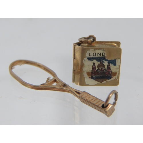 308A - Small 9ct Gold charms, one as a tennis raquet plus a  book. total weight 4.2g.