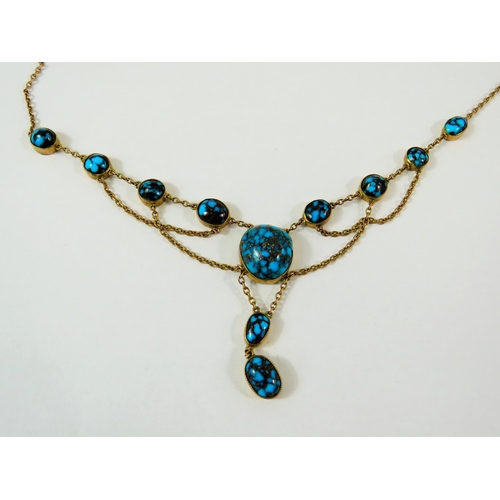 323A - Very Pretty Antique style Necklace set with Turquoise on 9ct Yellow Gold mounts and chain.  Total we... 