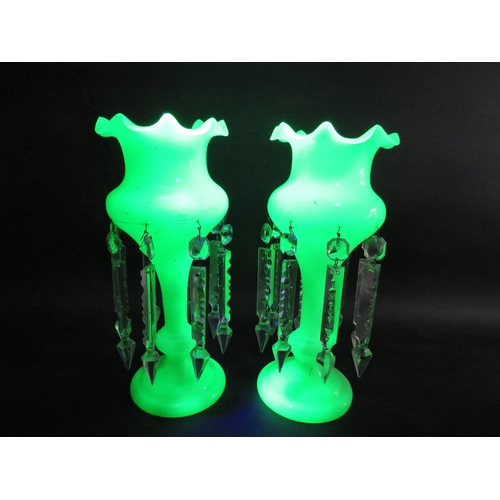 33 - Pair of Uranium green glass Victorian lustres. Approx 12