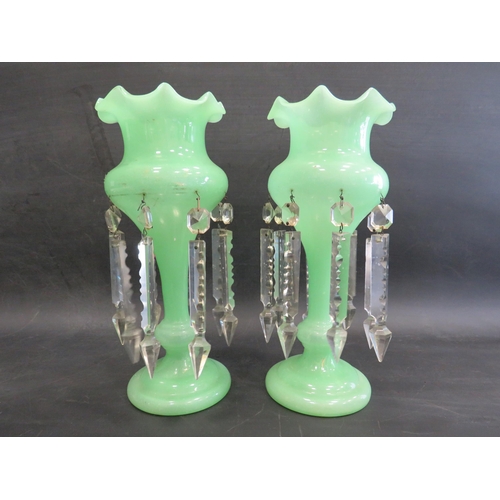 33 - Pair of Uranium green glass Victorian lustres. Approx 12