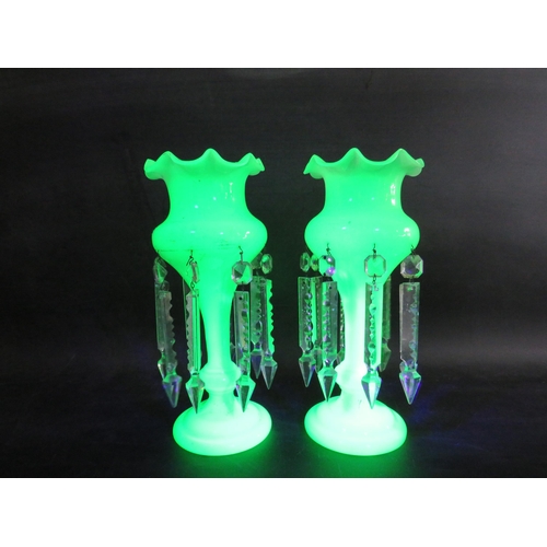 33 - Pair of Uranium green glass Victorian lustres. Approx 12