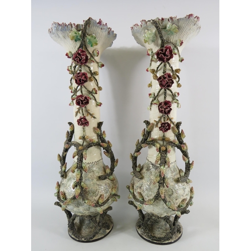 37 - Large pair of French Barbotine majolica vases. 20.5