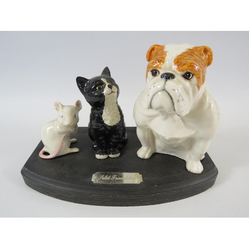 4 - Beswick Solid Friendship Bulldog, cat and mouse figurines sitting on a wooden base. (slight chip to ... 