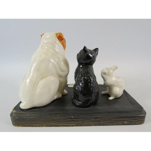 4 - Beswick Solid Friendship Bulldog, cat and mouse figurines sitting on a wooden base. (slight chip to ... 