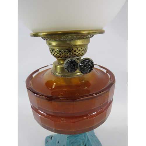 41 - Duplex vintage oil lamp with enameled metal base. Approx 23