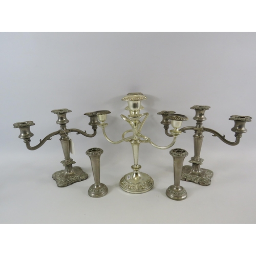 44 - Silverplated Candlebras and a pair of vases.