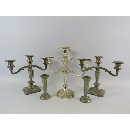 44 - Silverplated Candlebras and a pair of vases.