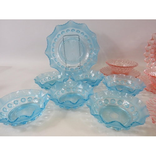 47 - 2 Art Deco glass dessert sets in blue and pink.