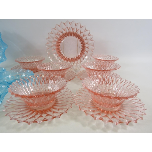 47 - 2 Art Deco glass dessert sets in blue and pink.