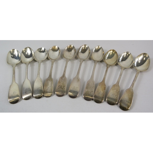 109 - 10 Sterling silver teaspoons, Hallmarks for London and Exeter. Total weight 192.2 grams