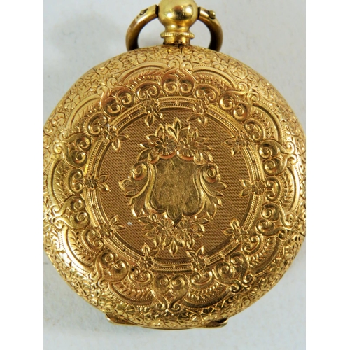 104 - Antique pocket watch with a lovely scrolled case which is stamped 18K. Non runner for spares or Repa... 