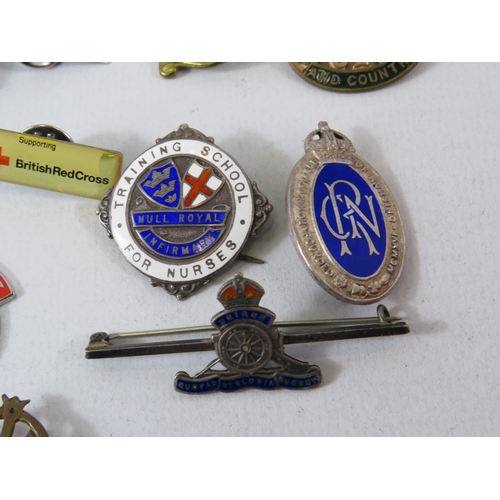 146 - 3 Sterling silver badges nursing and military plus a selection of enamel badges.