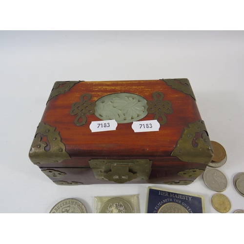 159 - Vintage wooden chinese jewellery chest containing a selection of uk and foreign coins.