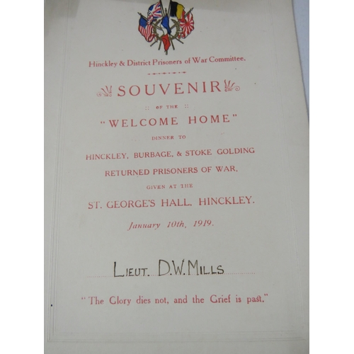 181 - 1919 Prisoner of War welcome home dinner menu for a Lieut D W Mills. And a Infantry training booklet... 