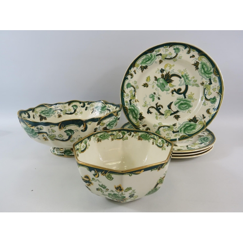 225 - Large Masons Green Chartreuse fruit bowl, 4 Dinner plates and 1 other bowl. (Large bowl does have a ... 