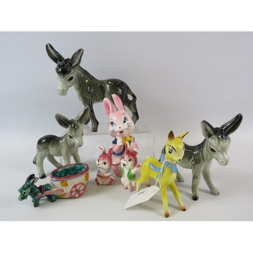 291 - Selection of Kitch ceramic figurines, Melba ware Donkeys and a Babycham deer.