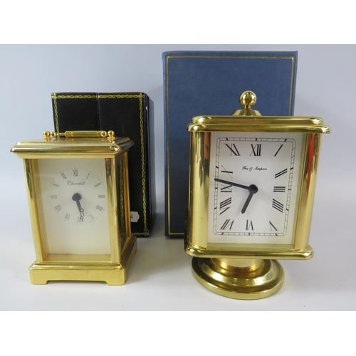 297 - Fox and simpson brass 4 faced carriage clock and a Churchill brass carriage clock. Both come with bo... 