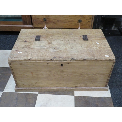 627 - Interesting Antique pine chest with  3/4 lifting lid revealing small drawer bank under. Metal carry ... 