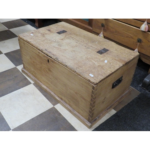 627 - Interesting Antique pine chest with  3/4 lifting lid revealing small drawer bank under. Metal carry ... 