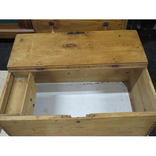 627 - Interesting Antique pine chest with  3/4 lifting lid revealing small drawer bank under. Metal carry ... 