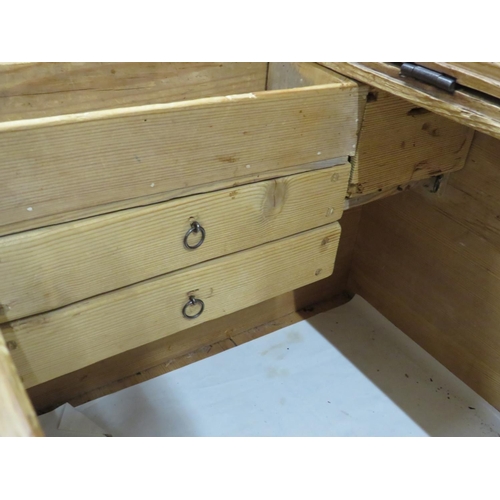 627 - Interesting Antique pine chest with  3/4 lifting lid revealing small drawer bank under. Metal carry ... 