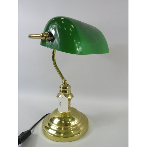 314 - Brass Vintage bankers lamp with green glass shade approx 14