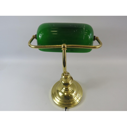 314 - Brass Vintage bankers lamp with green glass shade approx 14