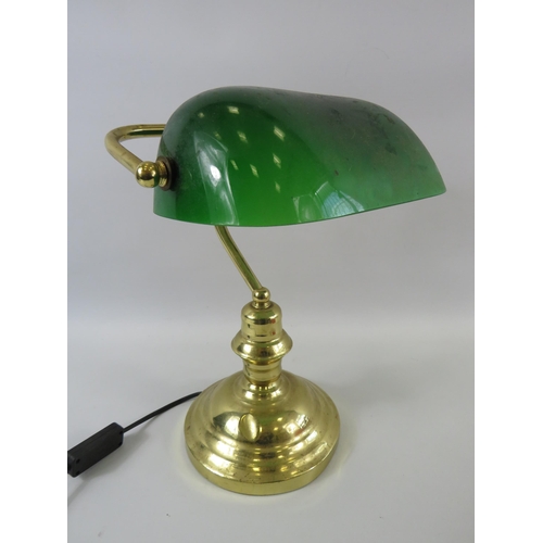 315 - Brass Vintage bankers lamp with green glass shade approx 12.5