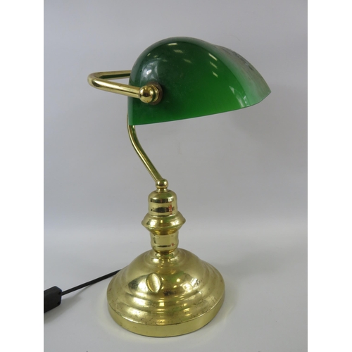 315 - Brass Vintage bankers lamp with green glass shade approx 12.5