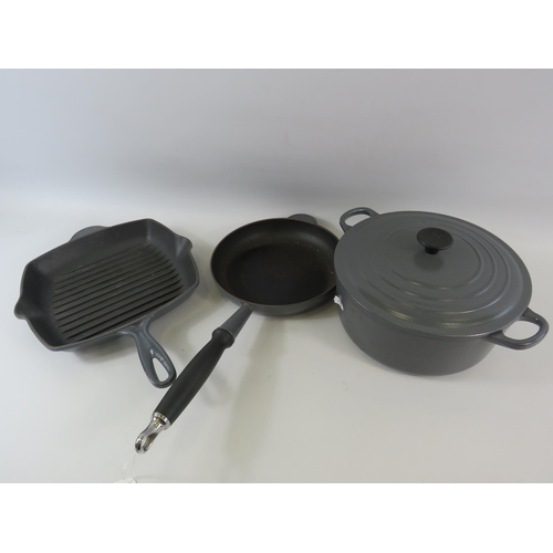 319 - Large Le Creuset Lidded casserole pan, frying pan and griddle pan.