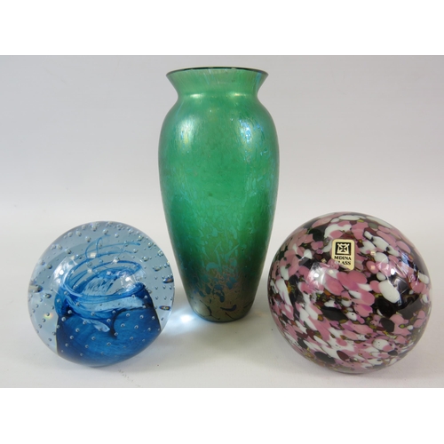 328 - A signed Royal Brierley iridescent glass vase and 2 paperweights by Mdina and Caithness.