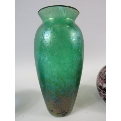 328 - A signed Royal Brierley iridescent glass vase and 2 paperweights by Mdina and Caithness.