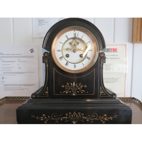 35 - Lovely slate bodied chiming mantle clock with visible escapement on dial. runs well. key present.