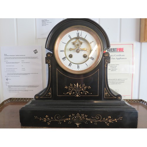 35 - Lovely slate bodied chiming mantle clock with visible escapement on dial. runs well. key present.