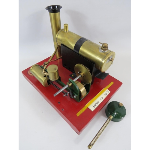 64 - 1922-1935 Bowman E135 Stationary Steam Engine on thick wooden base. 7 x 8 inches. See photos for con... 