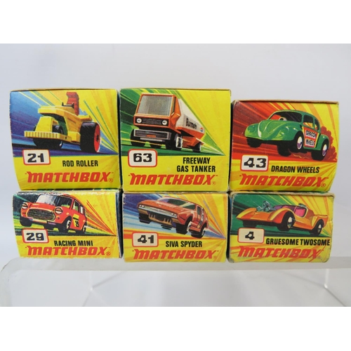 72 - Six boxed UK Matchbox models. See photos for details and condition.