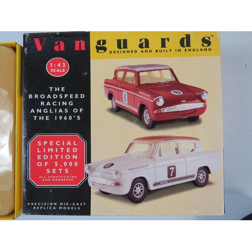 100 - Boxed1:43 Scale Die cast Vanguard Model Gift set of 1960's Broadspeed Racing Anglia's together with ... 