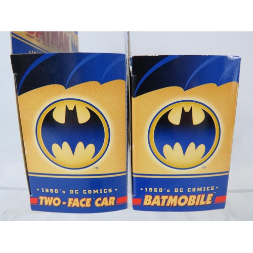 93 - Two DC Comics Batman Movie cars, Two faced car and Batmobile. Boxed unused and in Blister packs. See... 