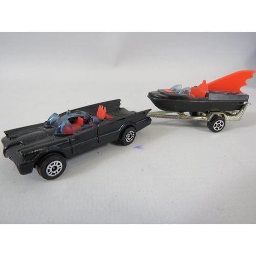 134 - Corgi Batmobile & Batboat with trailer together with  Matchbox models of the same. No boxes. See pho... 