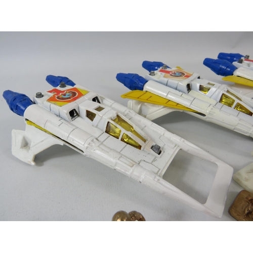 138 - Three 1980's UK made Buck Rogers Starfighters plus figures together with one other . Light playworn ... 