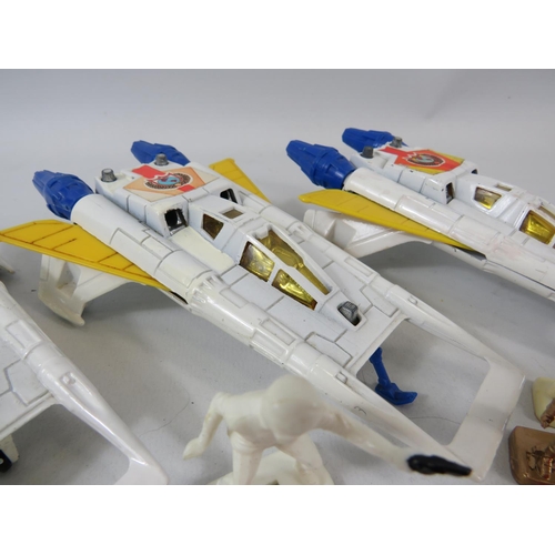 138 - Three 1980's UK made Buck Rogers Starfighters plus figures together with one other . Light playworn ... 